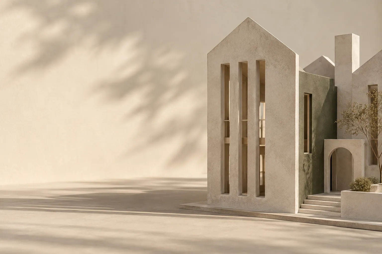 An architectural illustration of sculptural façades in warm stone tones.